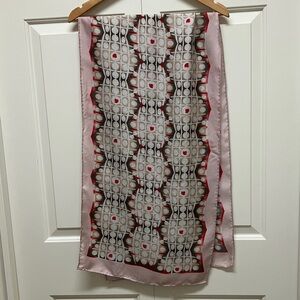 Vintage silk oblong scarf, geometrical circle pattern, pink, white, red